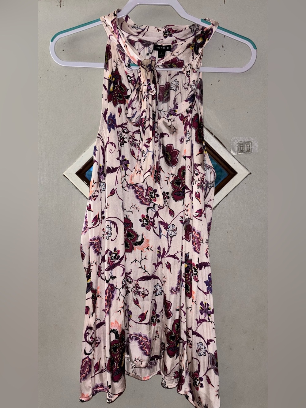 torrid Light Pink Floral Tie-Neck Satin Blouse with Purple Accents